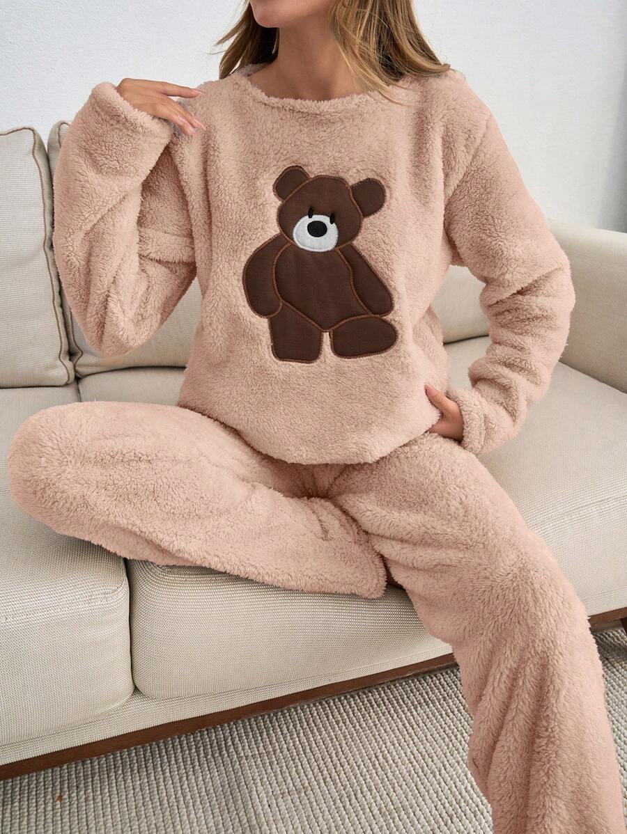 SHEIN Cottnline 2pcs Plush Bear Embroidery Detail Homewear PJ Set - Baby Pink - View 1