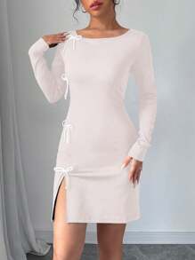 Elenzga Women Casual Bow Decor Round Neck Long Sleeve Short Dress