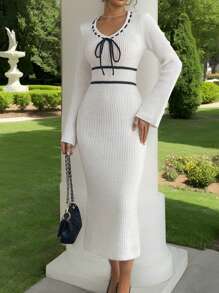 Chiquease Bowknot Design Elegant Women's Simple Korean Style Dress Fall Cloth For Women