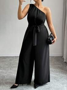 Elenzga Plus Size Plain Halter One-Piece Jumpsuit With Front Tie Casual Minimalist Design - Black - View 3