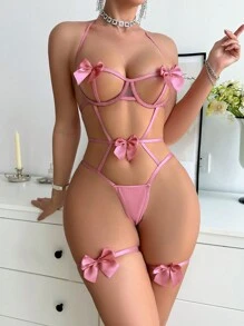 3件套情人节性感内衣套装，适合外出穿着 - 粉色 - 查看 5