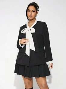 SHEIN SXY Plus Size Elegant Color Contrast Collar Tie-Up Blazer Jacket - Black - View 3