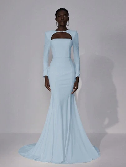 Elitara Elegant White Regular-Shoulder Bell Sleeve Crew Neck Bustier Backless Crystal Button Decorated Mermaid Wedding Dress,Bride