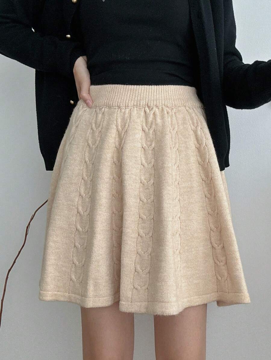 INAWLY 1pc Sweet Solid Color Knit Skirt, Autumn/Winter - Apricot - View 1