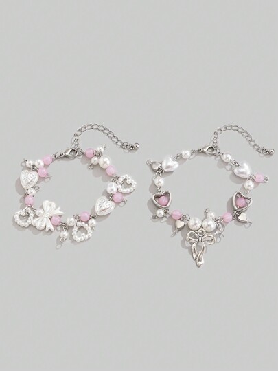 Kawaii 2pcs Lovely Sweetheart Bow Faux Pearl Pendant Bracelet Set, Friendship & Couple Gift, Valentine's Day Present Valentines,Mom,Mother,Mother's Day,Gift
