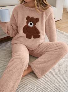 SHEIN Cottnline 2pcs Plush Bear Embroidery Detail Homewear PJ Set - Baby Pink - View 3