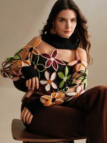 Anewsta 女士立领镂空长袖花卉刺绣毛衣，休闲日常针织套头衫，秋冬款 - 黑色 - 查看 1