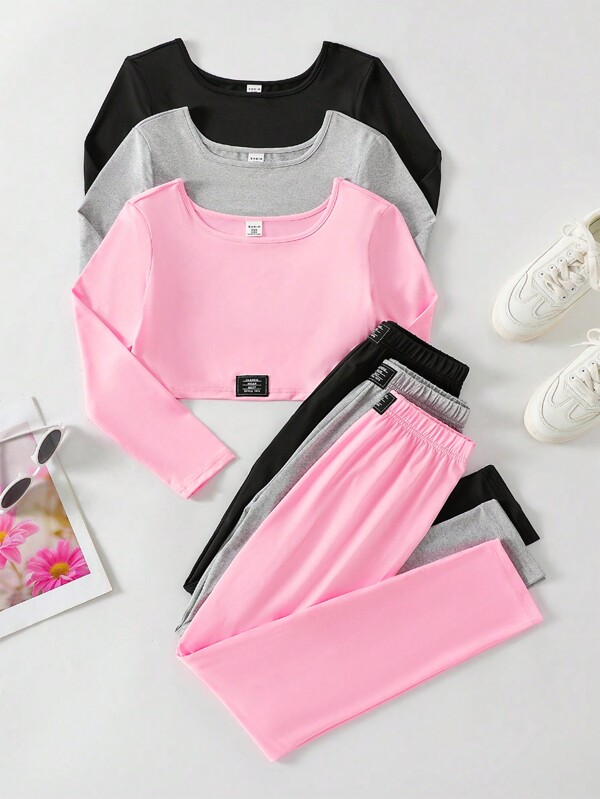 Set casual 3 piese pentru fete Tween - Tricou cu mânecă lungă cu gât pătrat, ținută cu pantaloni în talie cu șnur, potrivit pentru zi cu zi, petreceri cu prietenii, stil de vacanță pe stradă