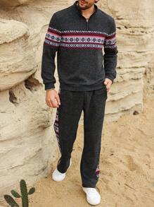 Manfinity Homme 男士几何图案拉链立领长袖运动衫和运动裤休闲套装 - 彩色 - 查看 5