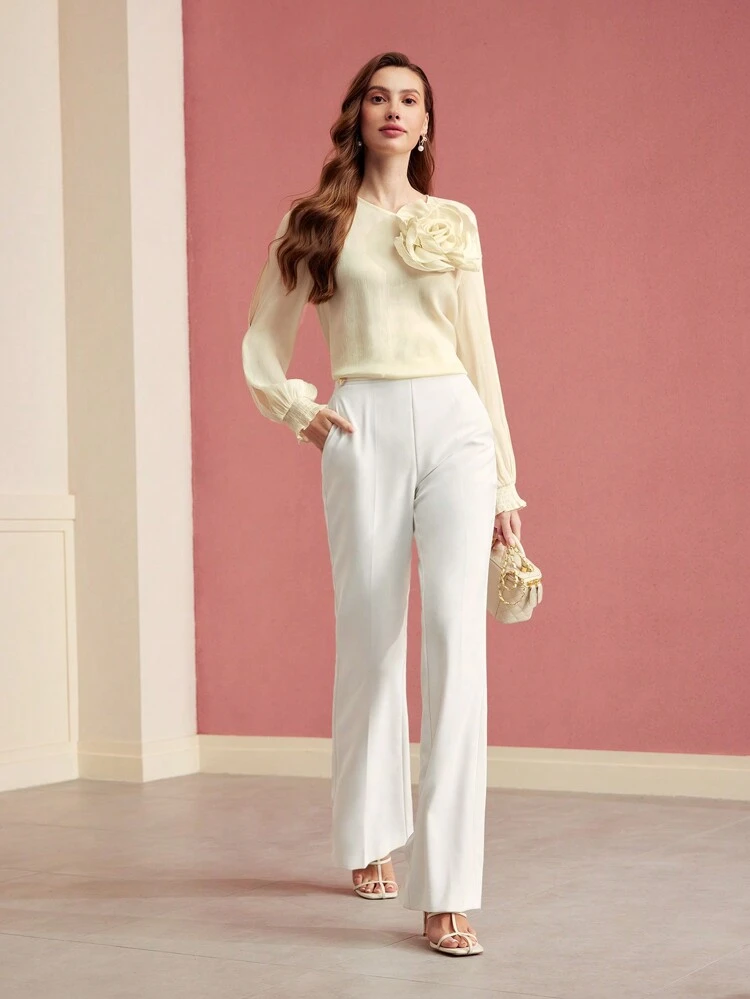 STEREO FLORAL KEYHOLE BACK BLOUSE,VALENTINE'S DAY,SPRING/SUMMER