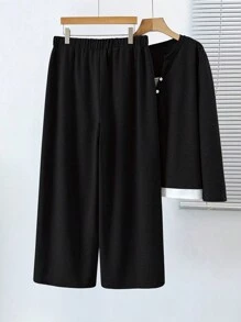 SHEIN LUNE Plus Size Women Autumn Long Sleeve Contrast Color Top & Wide Leg Pants Casual 2Pcs Sets Fall Cloth For Women