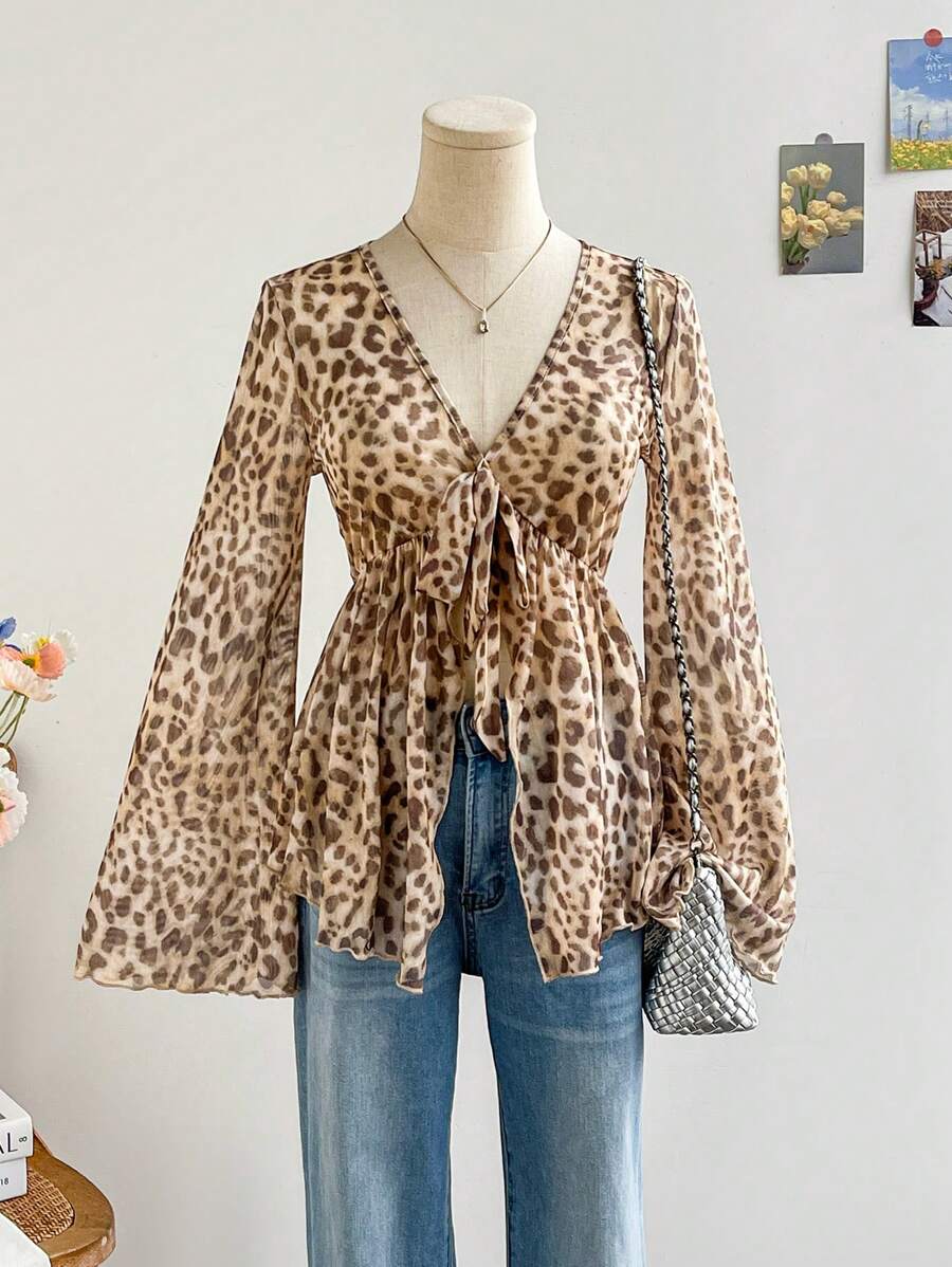 Soleia Áo cánh cổ chữ V tay cánh bướm thắt nơ phía trước họa tiết da báo cổ điển cho nữ, phong cách nghỉ dưỡng cho mùa thu - Nhiều màu - Xem 1