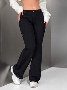 SHEIN EZwear Women's Casual Solid Color Denim Jeans - Black - View 7