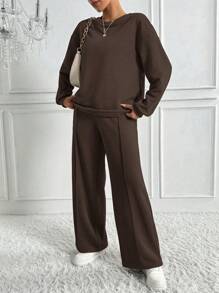 EMERY ROSE Women Autumn Solid Color Round Neck Drop Shoulder Long Sleeve Top And Wide Leg Pants 2 Pieces Loose Casual Set - Coffee Brown - View 6