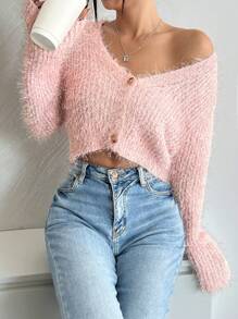 SHEIN EZwear 女士休闲简约纯色毛绒开衫，秋冬