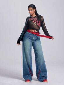 SHEIN ICON Vintage Denim Wide Leg Pants With Webbing For Women, Street Fashion Straight Leg Baggy Jeans Women - Medium Wash - View 5