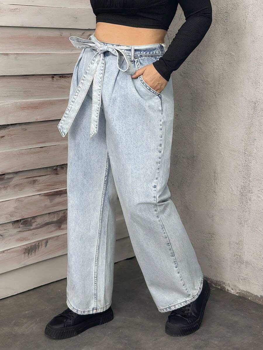 RueChic 女式高腰口袋阔腿宽松休闲百搭牛仔裤