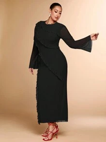 SHEIN BAE Vestido de manga larga de malla ajustado con cuello redondo, color rojo sólido, diseño de volantes multicapa, adecuado para fiestas de cócteles, citas románticas, vestido de punto de otoño e invierno, fiesta, evento formal, boda, dama de honor, cena, Halloween, Navidad, tallas grandes