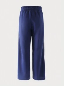 SHEIN Explorewe 青少年女孩休闲宽松腰直腿纯色长裤，时尚运动和日常穿着长裤，秋季 - 藏蓝色 - 查看 2