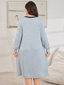 Lazeform Plus Size Women Ribbed Color Blocking Pocket Casual Nightgown Sleepwear