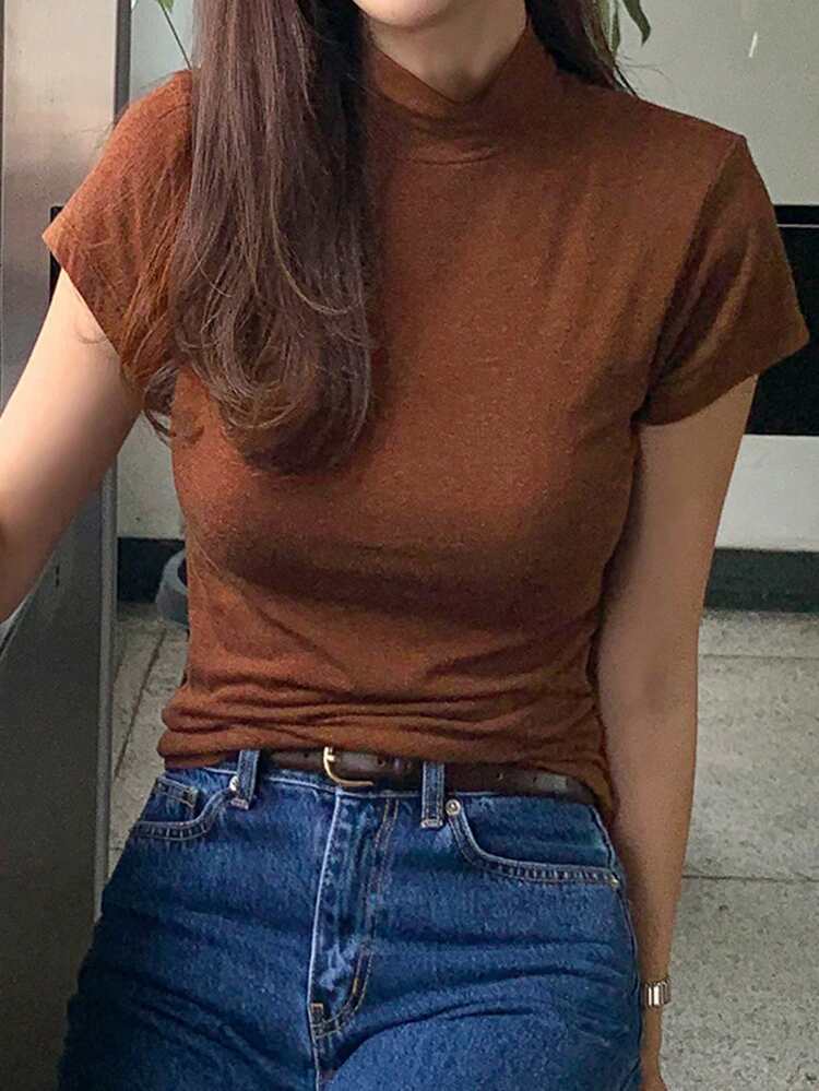 Women's Mock Neck Fitted Short Sleeve Turtleneck Top Preppy Tops