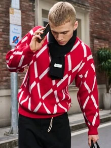 Manfinity Hypemode Suéter de cuello redondo de manga larga con bloqueo de color y patrón de diamantes, de punto, para hombre - Uso casual para otoño/invierno, salir con amigos