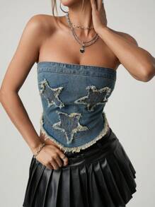 SHEIN ICON Distressed Five-Pointed Star Patch Denim Halter Tank Top - Dark Wash - View 1