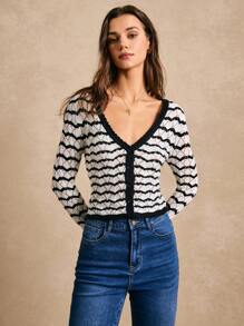 Poéselle Cárdigan de punto de manga corta de corte ceñido con contraste de colores, rayas onduladas y calado, de estilo casual para primavera/verano - Moda primaveral, blusas de mujer para verano