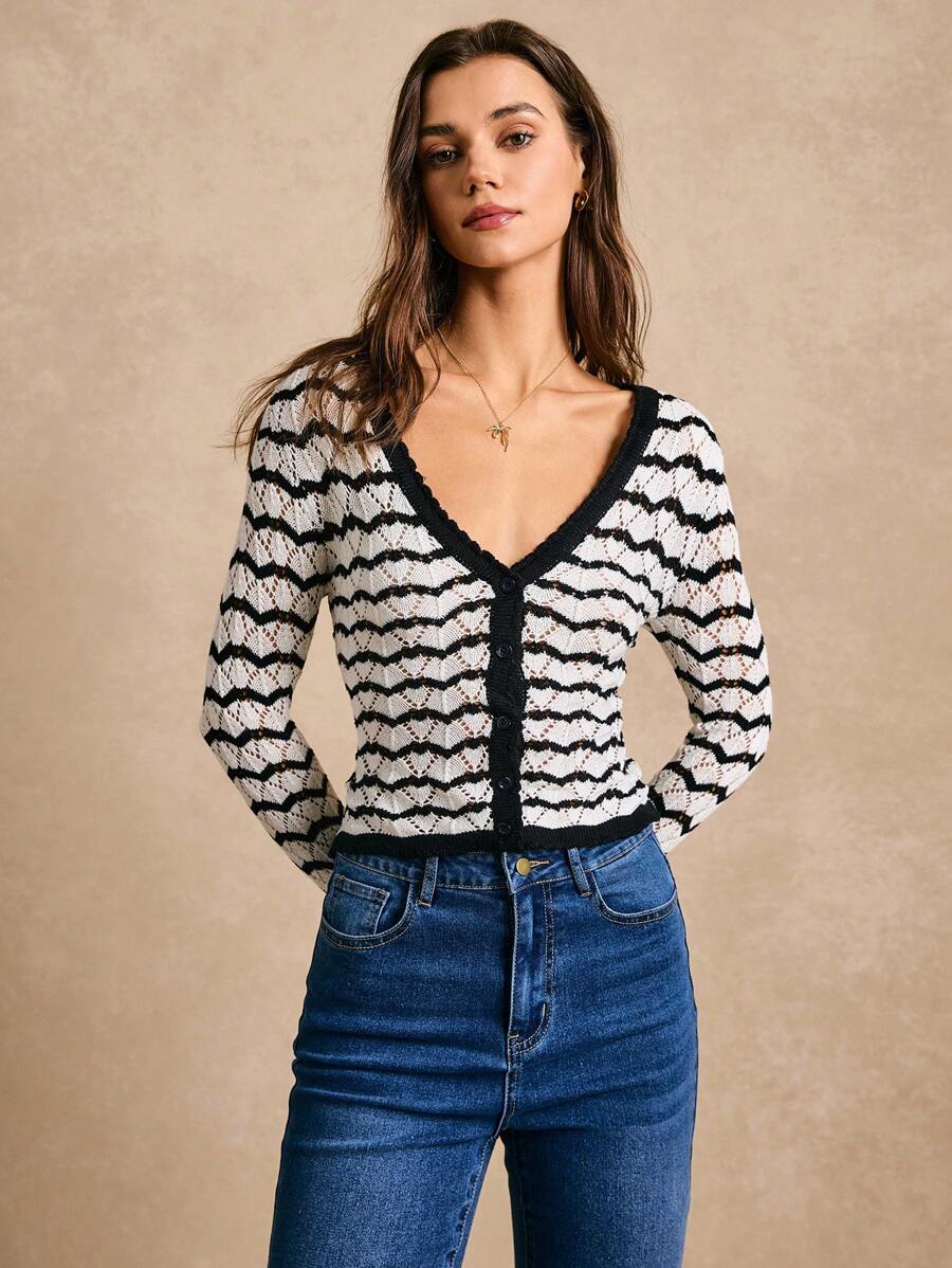 Poéselle Cárdigan de punto de manga corta de corte ceñido con contraste de colores, rayas onduladas y calado, de estilo casual para primavera/verano - Moda primaveral, blusas de mujer para verano