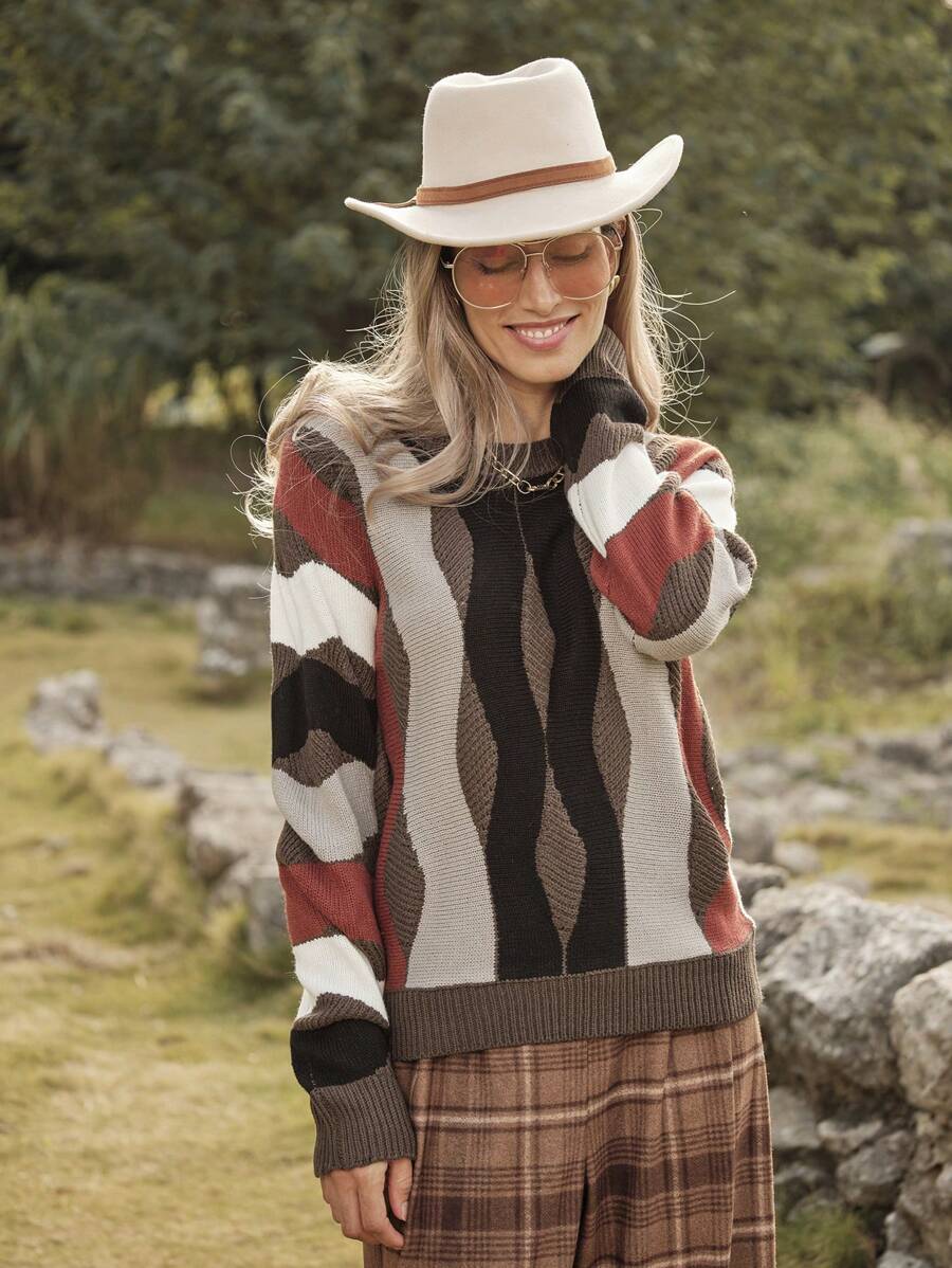 LanaWest Women's Striped Crew Neck Loose Casual Country Style Sweater Knit Pullover Fall Winter Outfit