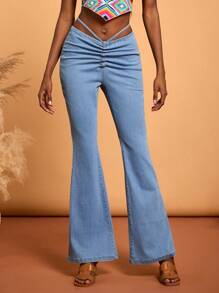 Abeille Creations Jeans bleu clair lavés, style cowgirl évasé extensible pour femmes de créateur, pour sortir, les vacances, le printemps et l'été, les festivals, adapté pour Ibiza