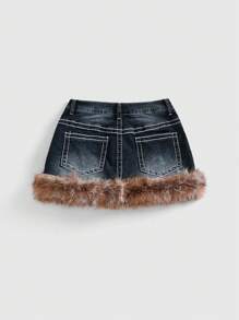 ROMWE Grunge Punk Vintage Y2K Cross Embroidered Rivet & Leopard Fluffy Patchwork Women Low Waist Mini Denim Skirt - Blue - View 4