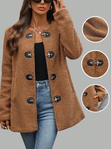SHEIN LUNE Women's Faux Shearling Crew Neck Metallic Button Closure Mid-Length Warm Coat Fall Cloth For Women - Brown - View 1