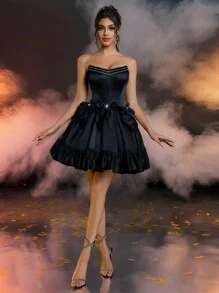 SHEIN Belle Đầm công chúa ống suông ren đen sang trọng, lãng mạn, gợi cảm, dễ thương, không dây, đính đá, nơ eo, dự tiệc sinh nhật, dự tiệc cưới, tiệc Halloween - màu đen - Xem 12