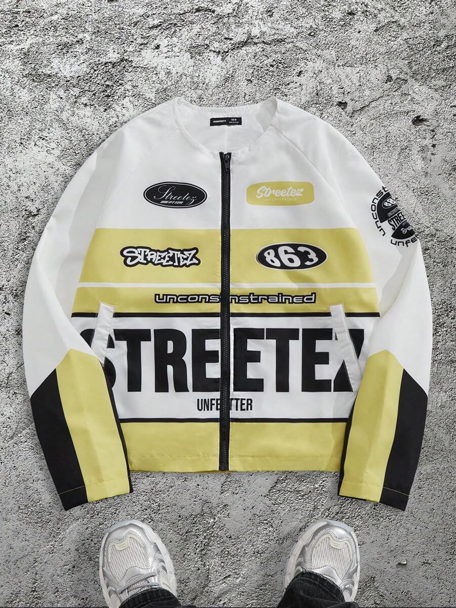 Manfinity VCAY Men's Digital Print Loose Woven Long Sleeve Jacket, For Fall Winter - Yellow - View 1