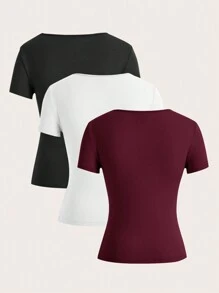 SHEIN Frenchy 纯色 V 领 T 恤夏季上衣 - 酒紅色 - 查看 2