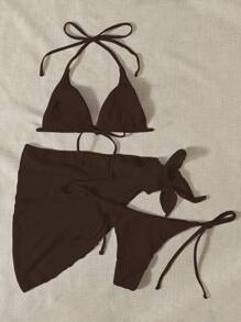 SHEIN Swim 夏季沙灘三角胸罩和游泳褲比基尼套裝，搭配沙灘裙泳衣套裝 - 咖啡棕 - 查看 2