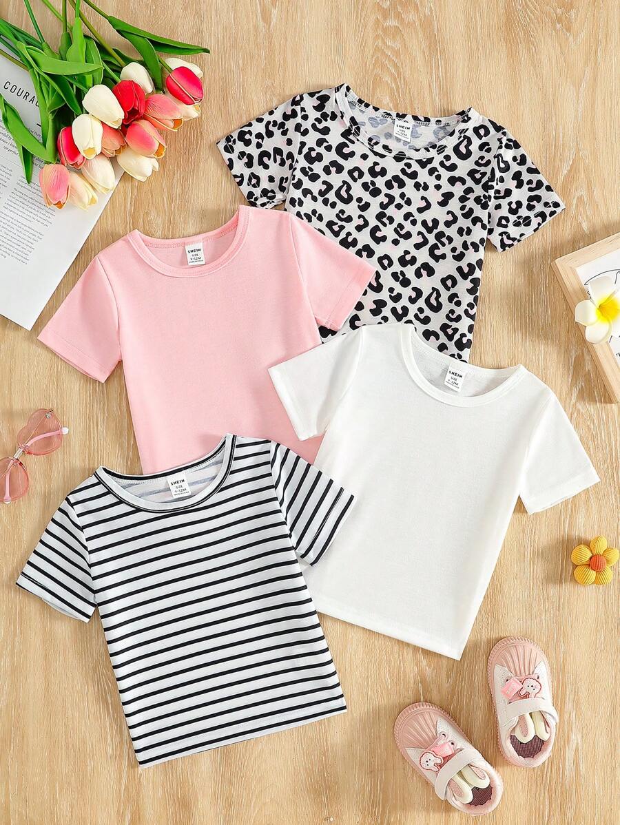 SHEIN 4 Stücke Mädchen Herbst Komfortable Lässig Langarm Set, weiches Material, Kombination aus minimalistischem Streifenmuster und Leopardenmuster, modisch und bequem, geeignet für Outdoor-Spaziergänge, gemütliche Aktivitäten Zuhause, Sportoutfits, Ganzjährig