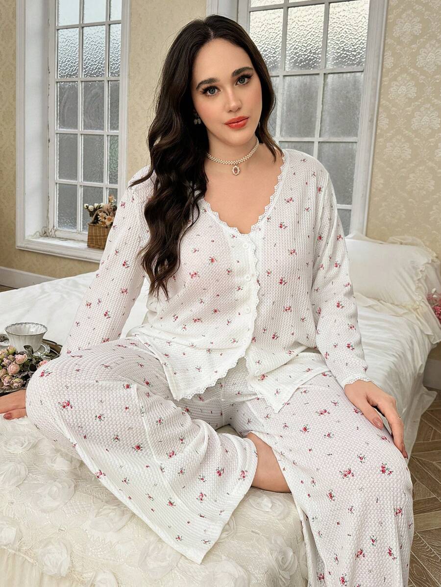 CottageSlumber Ditsy Floral Romantic Girls Cardigan Sleepwear Set, Autumn - White - View 1