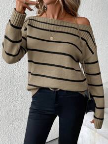 SHEIN Clasi Women Plus Size Casual Striped Asymmetric Neck Drop Shoulder Long Sleeve Knit Sweater, Autumn/Winter