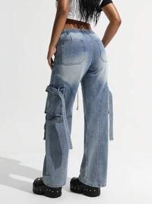 SHEIN ICON Elastic Waist Drawstring Straight Leg Cargo Denim Jeans Low Rise Straight Leg Jeans - Light Wash - View 3