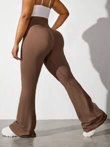 Easithlete Plus Size Women Flared High Waist Solid Color Sports Leggings - Khaki - View 2