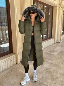 SHEIN Cottnline 带毛领的连帽棉服大衣，冬季 - 軍綠色 - 查看 5