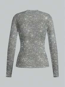 Glamance ORANGE STUDIO Maglietta da donna a maniche lunghe con scollo tondo, color argento, con stampa totale, maglietta estiva casual e semplice, grafica per uscire per le donne