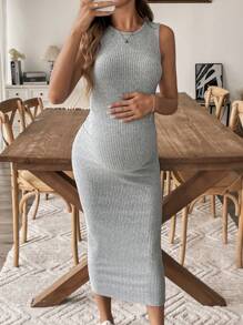 SHEIN 孕妇纯色无袖修身休闲连衣裙 - 灰色 - 查看 6
