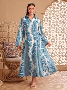 Al Najma Women's Elegant Retro Floral Printed Arabic Style Long Dress - Teal Blue - View 5