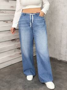 RueChic Plus Mid Waist Ribbon Belt Wdeleg Jean - Medium Wash - View 4