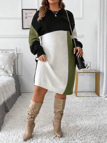 SHEIN Clasi Plus Size Women's Elegant Color Block Spliced Round Neck Long Sleeve Drop Shoulder Autumn Winter Warm Sweater Dressbusiness Casual Woman,Work Wear,Fall Wedding Guest Dress,