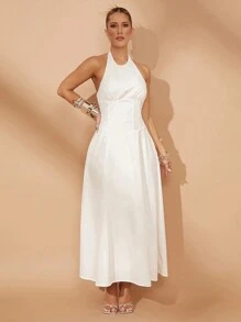 Lumalex Summer Vacation Bohemian BOHO Sea Beach Hot Outdoor Richly Layered Wedding Season Banquet Coming Of Age Ceremony Beach Seaside Spring Holiday Party Banquet Wedding Elegant High-End Waist Cinching Backless Halter Long Dress For Women - White - View 4