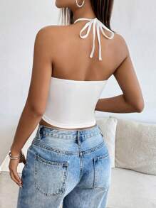 Chiquease Nueva camiseta de tirantes ajustada y corta con parches de encaje calados para mujer, para primavera/verano